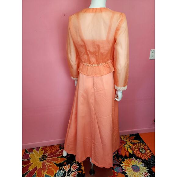 Vintage 1970's Orange 2 Piece Gown with Matching Sheer Organza Lace Bolero - Picture 9 of 10